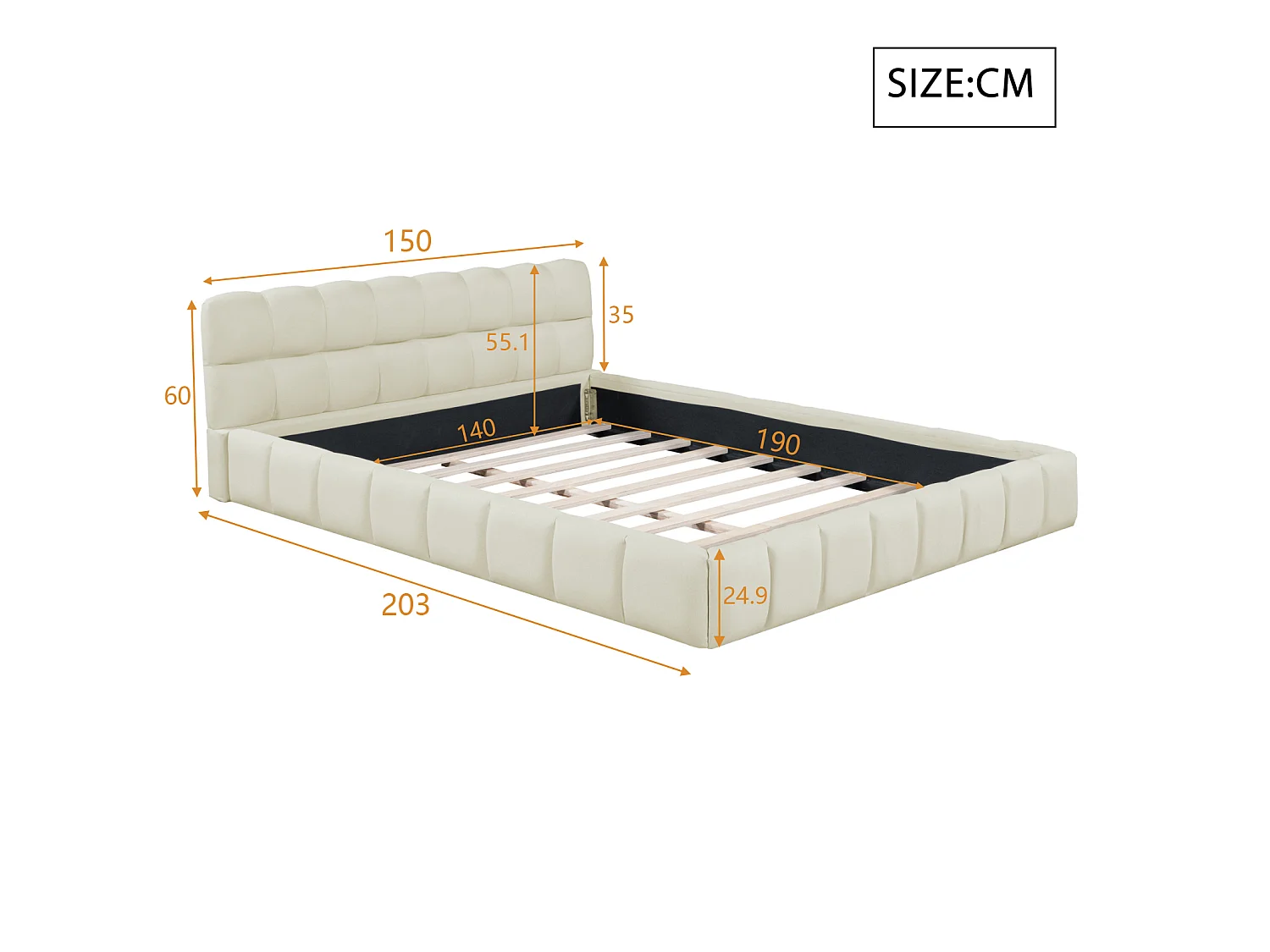 Lit 140x190 cm avec Sommier à Lattes, Lits 2 Personnes Capitonne avec Tête de Lits, sans Matelas, Lin