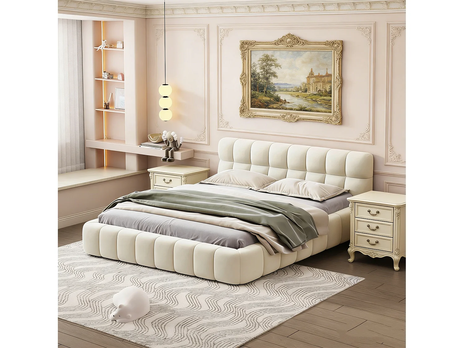 Lit 140x190 cm avec Sommier à Lattes, Lits 2 Personnes Capitonne avec Tête de Lits, sans Matelas, Lin