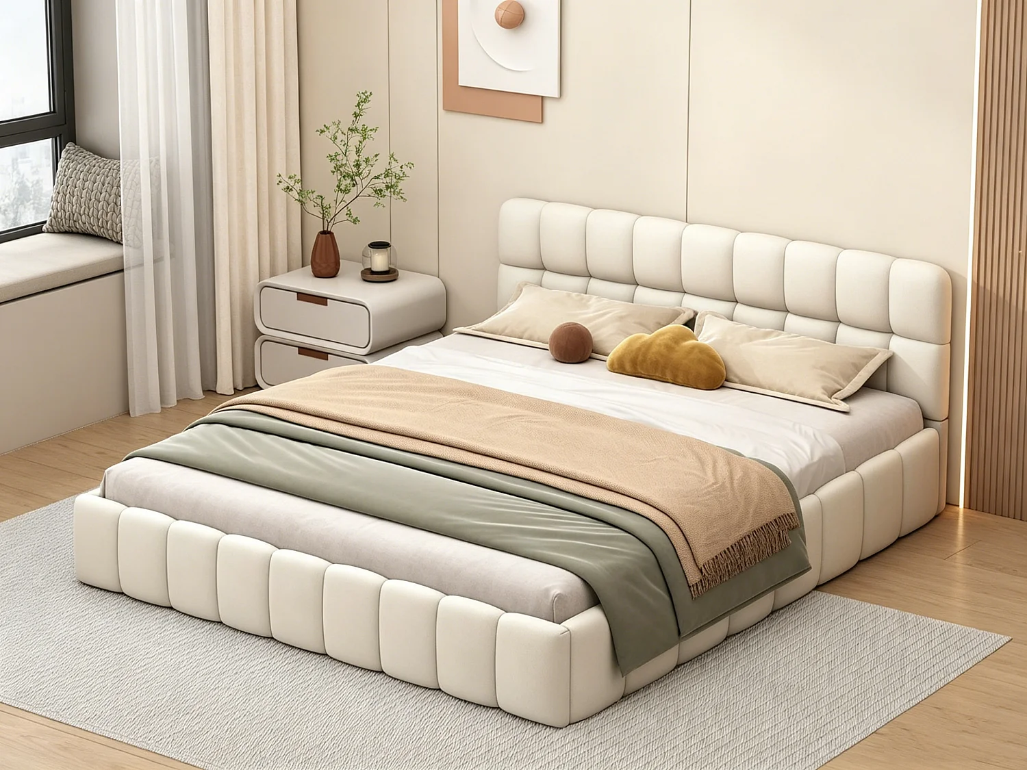 Lit 140x190 cm avec Sommier à Lattes, Lits 2 Personnes Capitonne avec Tête de Lits, sans Matelas, Lin