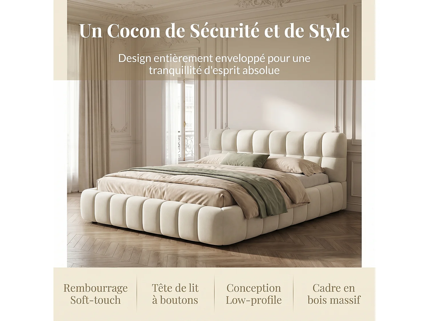 Lit 140x190 cm avec Sommier à Lattes, Lits 2 Personnes Capitonne avec Tête de Lits, sans Matelas, Lin