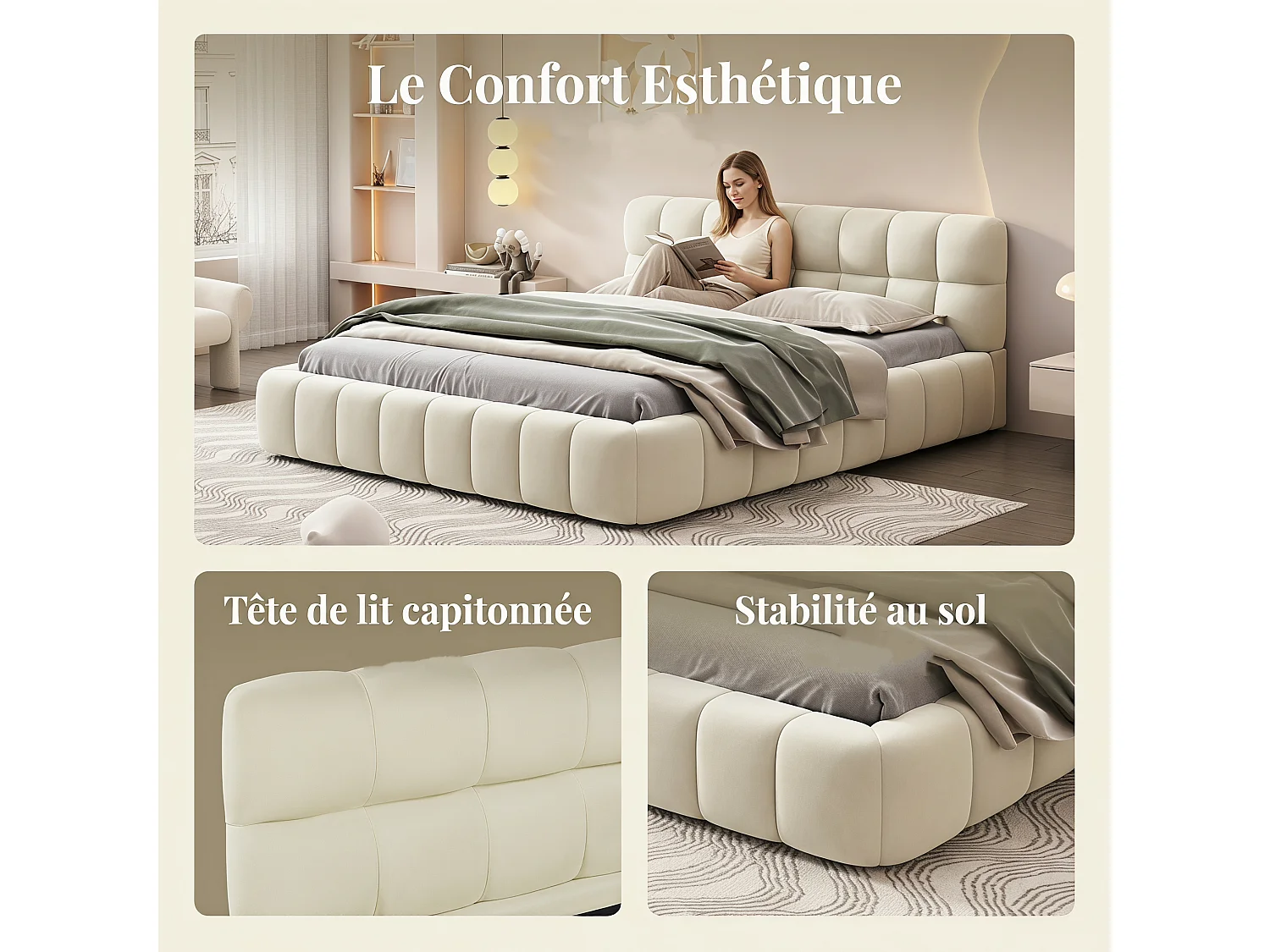 Lit 140x190 cm avec Sommier à Lattes, Lits 2 Personnes Capitonne avec Tête de Lits, sans Matelas, Lin