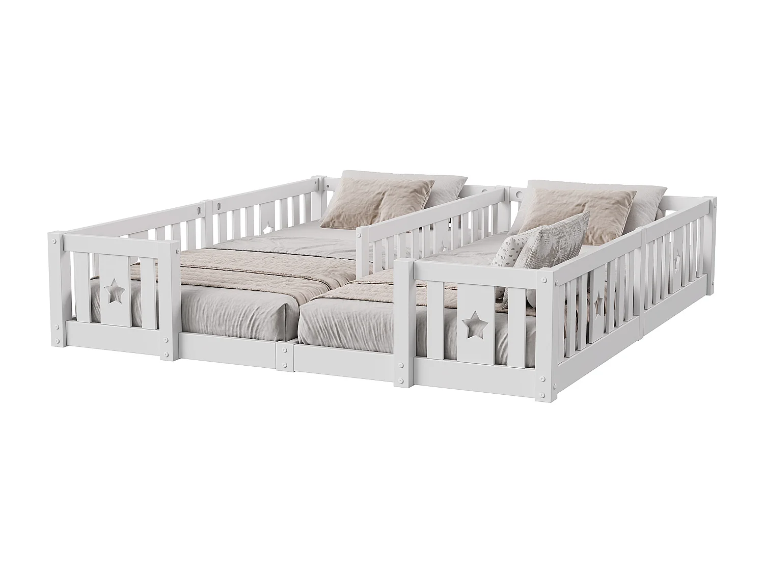 Cama baja, 180 x 200 cm, cama doble, con protección anticaídas, para 2 niños, madera maciza, blanca, sin somier de láminas