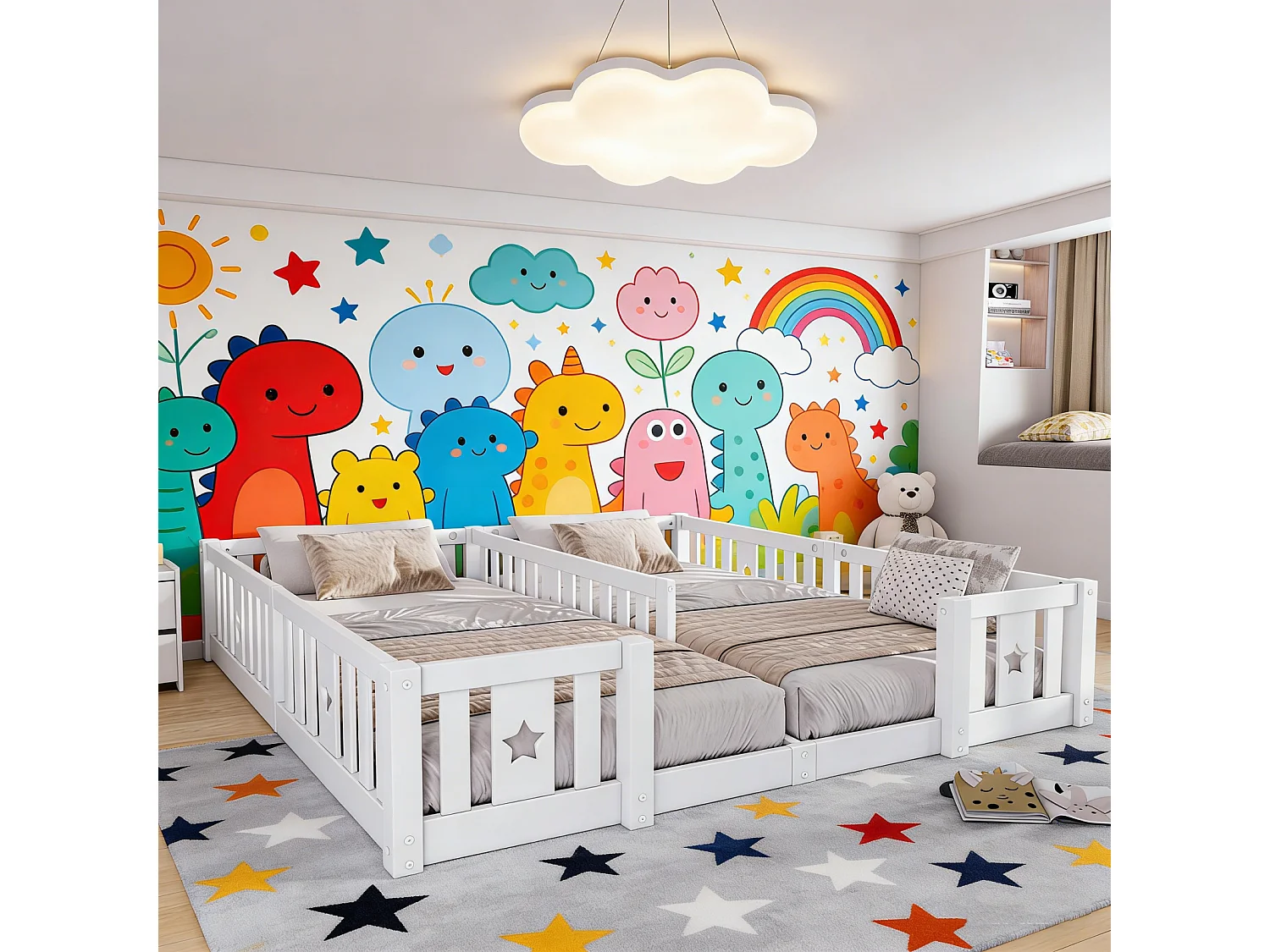 Cama baja, 180 x 200 cm, cama doble, con protección anticaídas, para 2 niños, madera maciza, blanca, sin somier de láminas