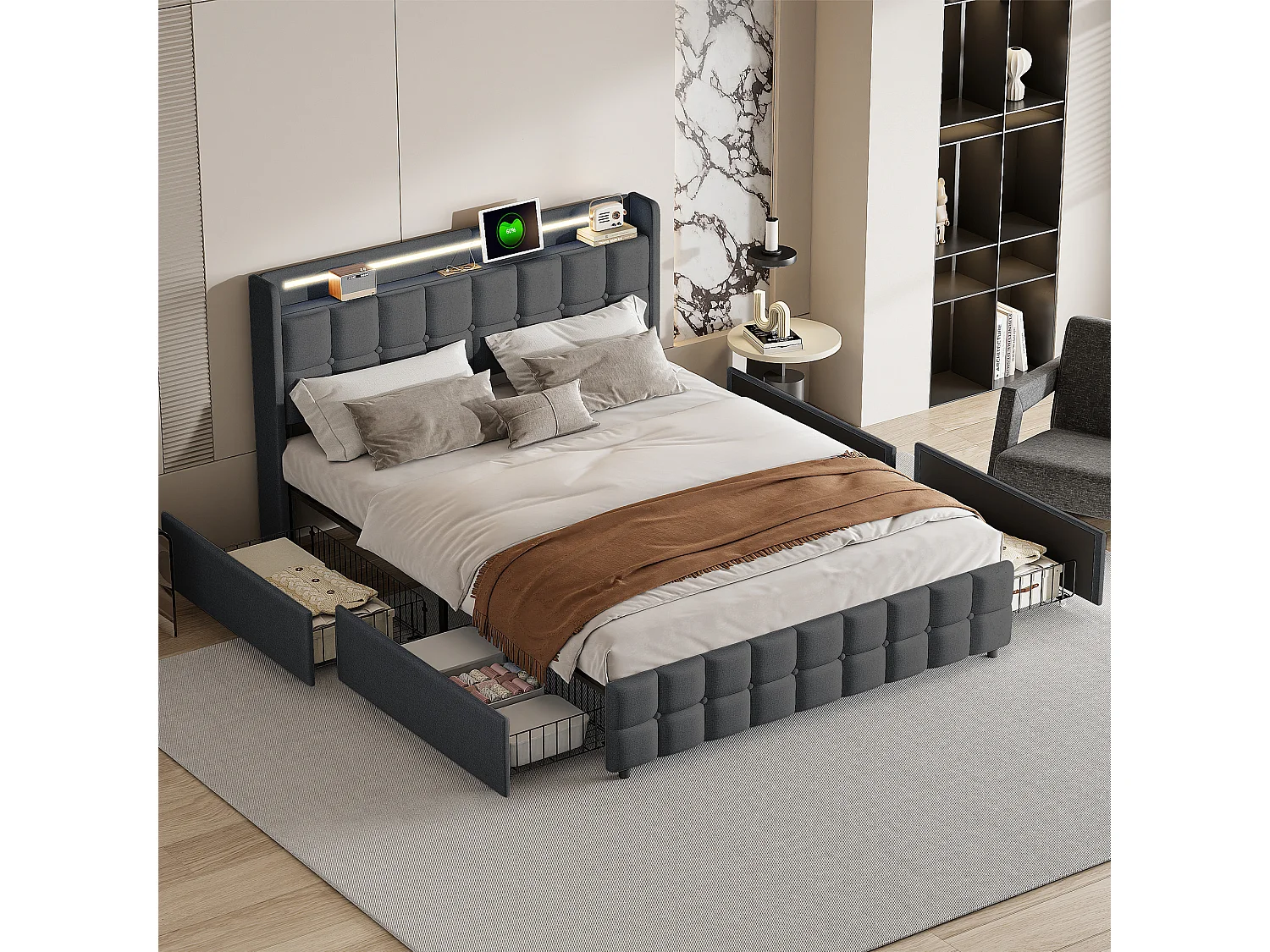 Cama adulta de 160x200cm - con tira LED y función de carga - con 4 cajones y somier de láminas - lino - gris