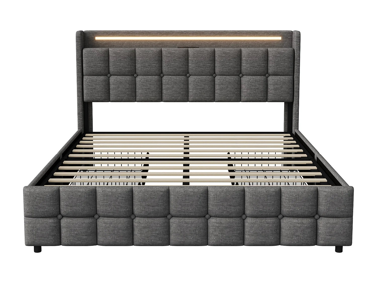 Cama adulta de 160x200cm - con tira LED y función de carga - con 4 cajones y somier de láminas - lino - gris