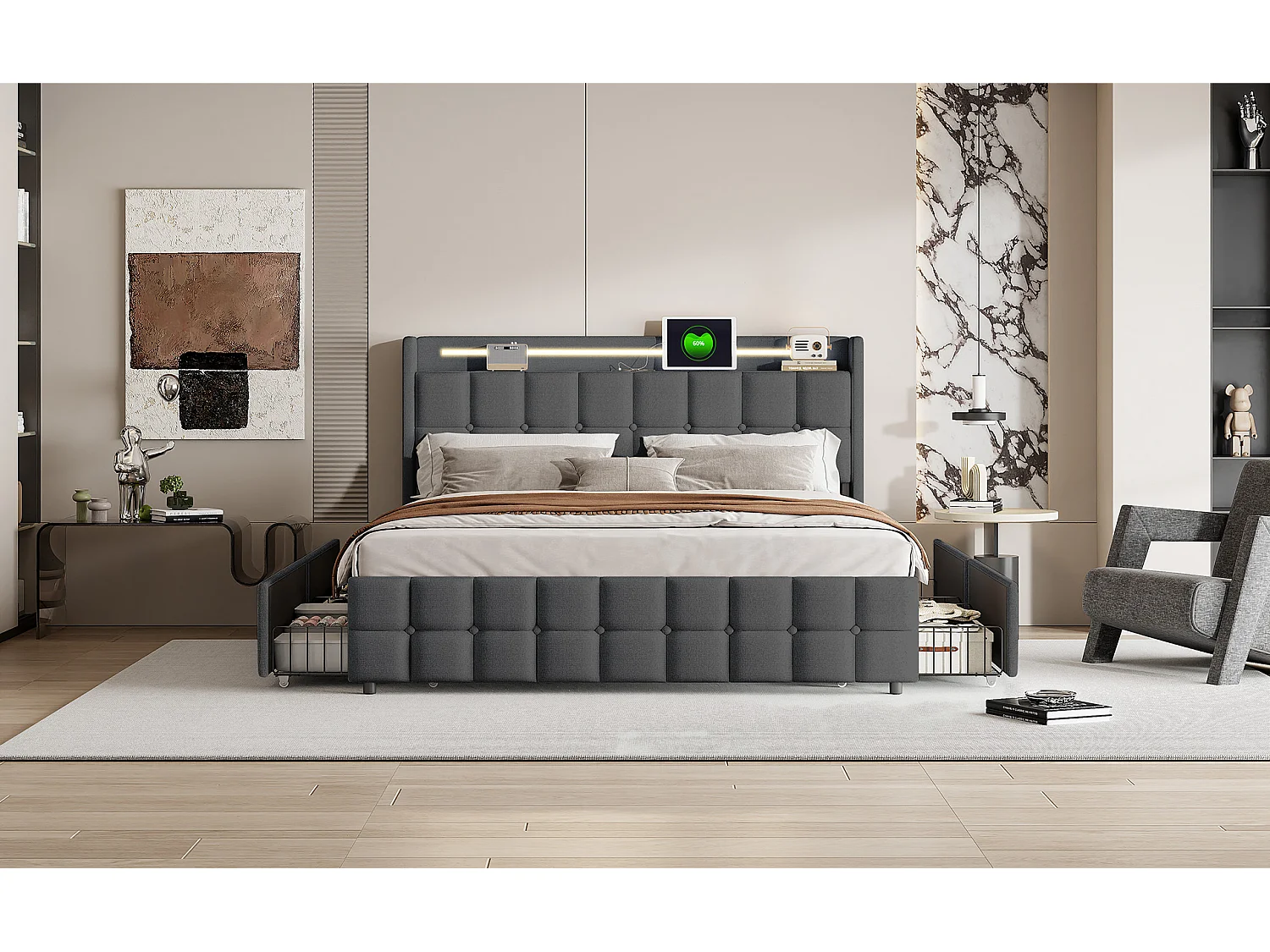 Cama adulta de 160x200cm - con tira LED y función de carga - con 4 cajones y somier de láminas - lino - gris