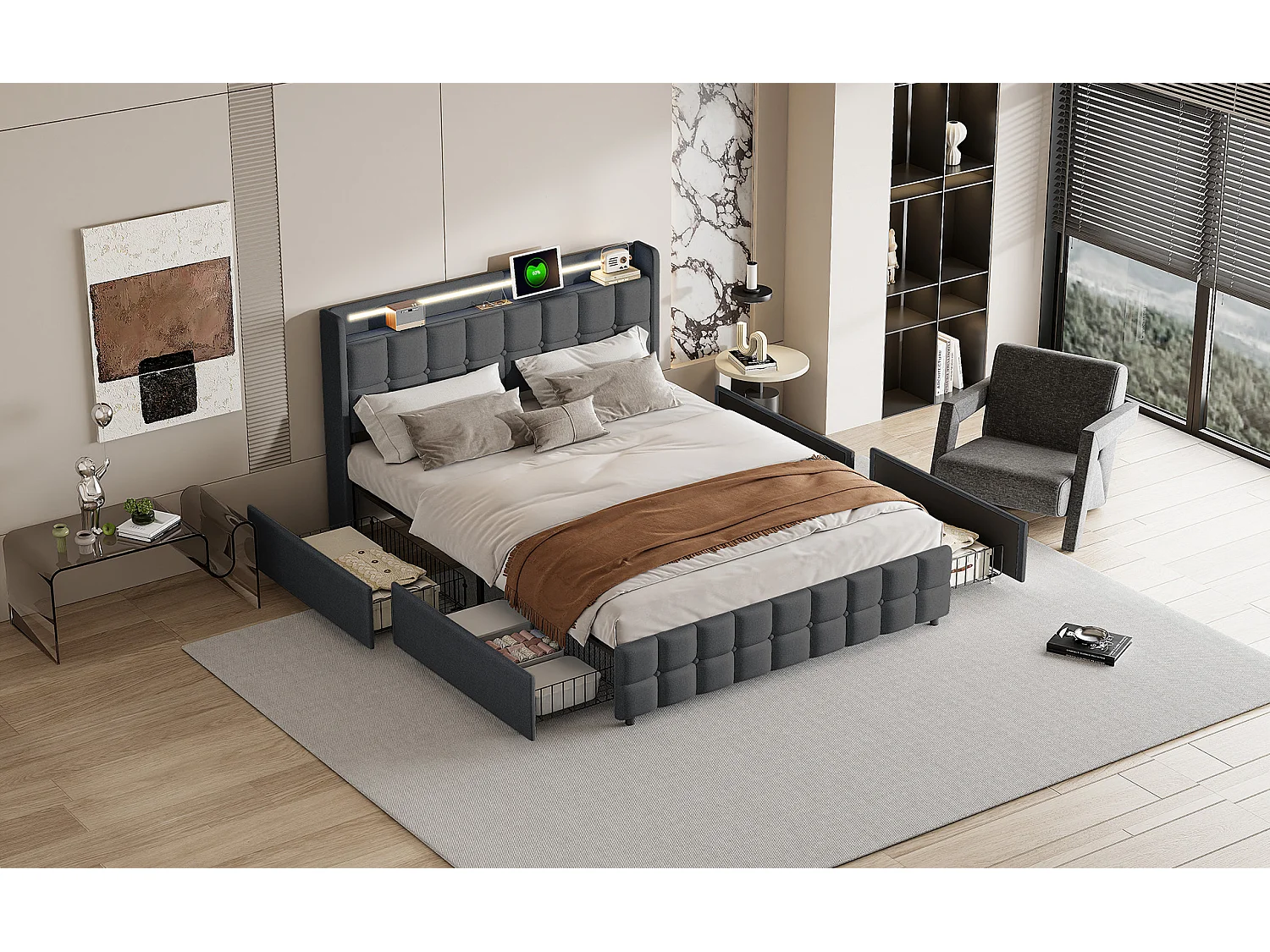 Cama adulta de 160x200cm - con tira LED y función de carga - con 4 cajones y somier de láminas - lino - gris