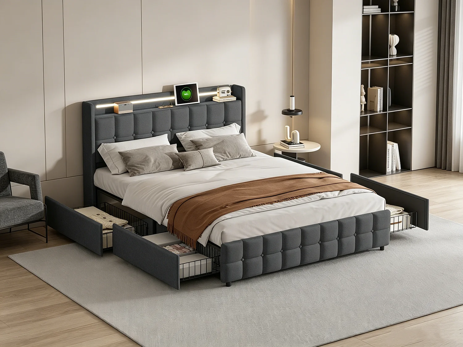 Lit adulte 160x200cm - avec bande LED et fonction de charge - avec 4 tiroirs et sommier à Lattes - lin - gris
