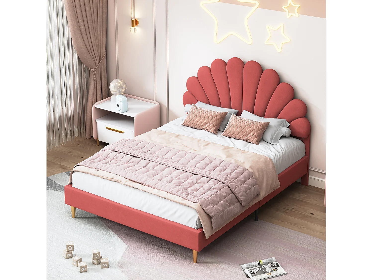 Cama de casal 140x200 cm com cabeceira em forma de flor, estrutura robusta com estrado de ripas, cor bordeaux