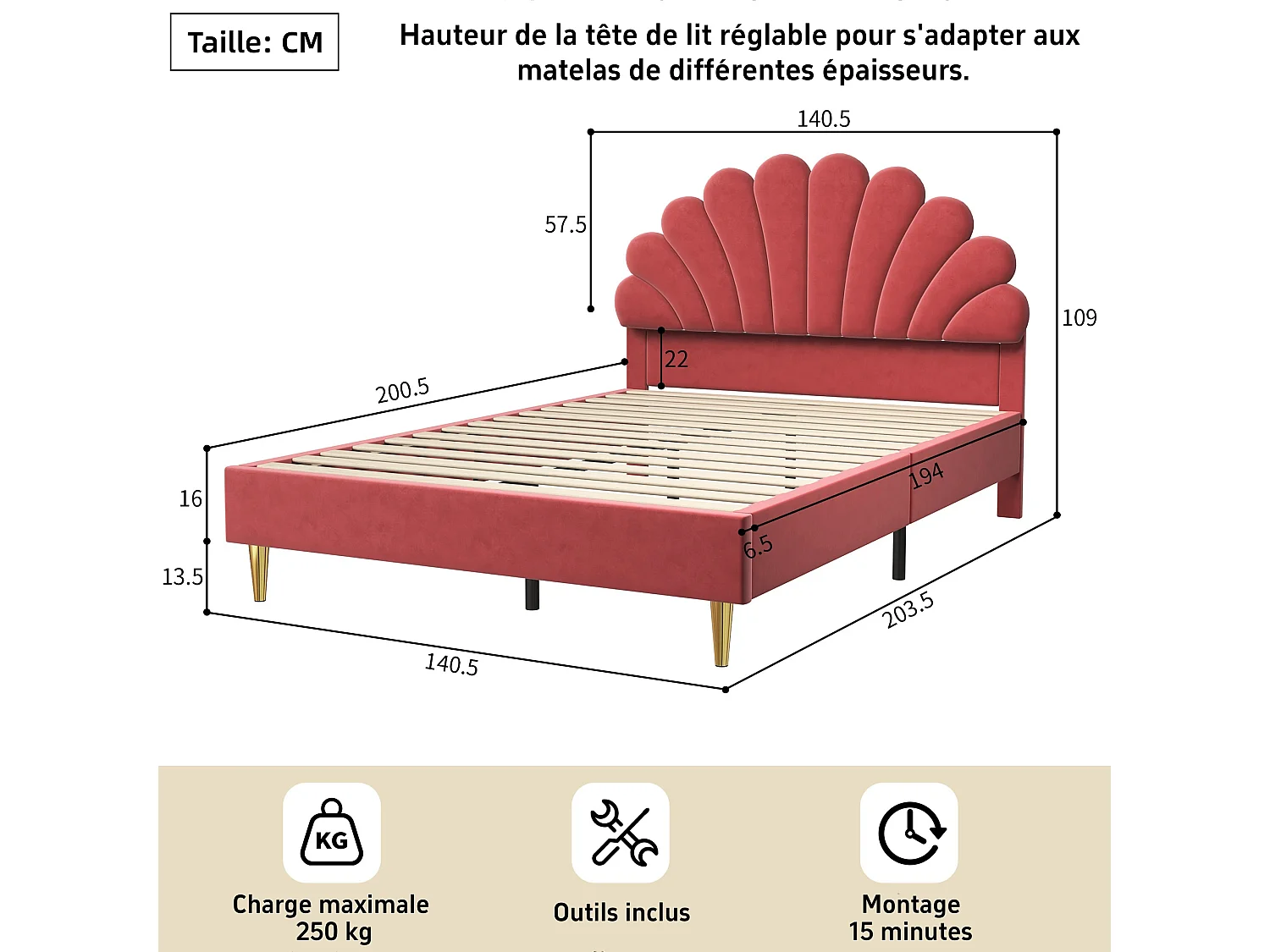 Cama de casal 140x200 cm com cabeceira em forma de flor, estrutura robusta com estrado de ripas, cor bordeaux