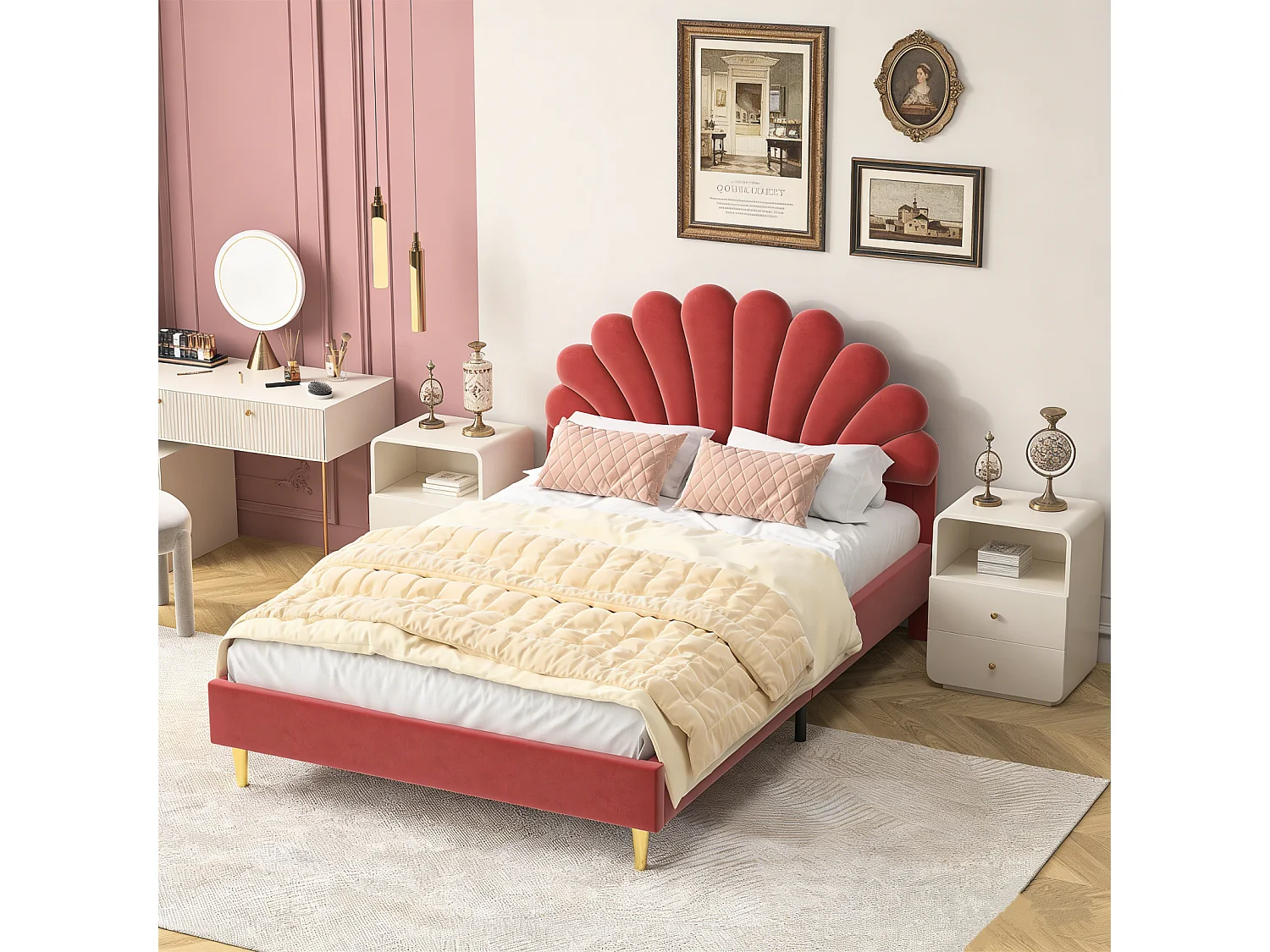 Lit Double 140x200 cm avec Tête de Lit en Forme de Fleur, Cadre de Lit Robuste avec Sommier à Lattes,Bordeaux