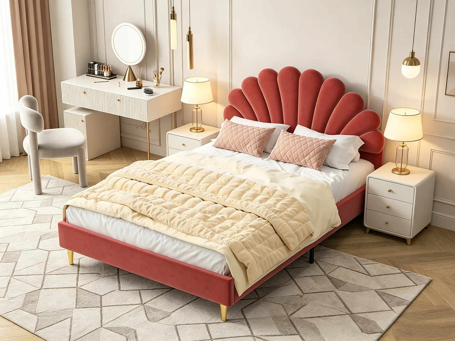 Cama de casal 140x200 cm com cabeceira em forma de flor, estrutura robusta com estrado de ripas, cor bordeaux