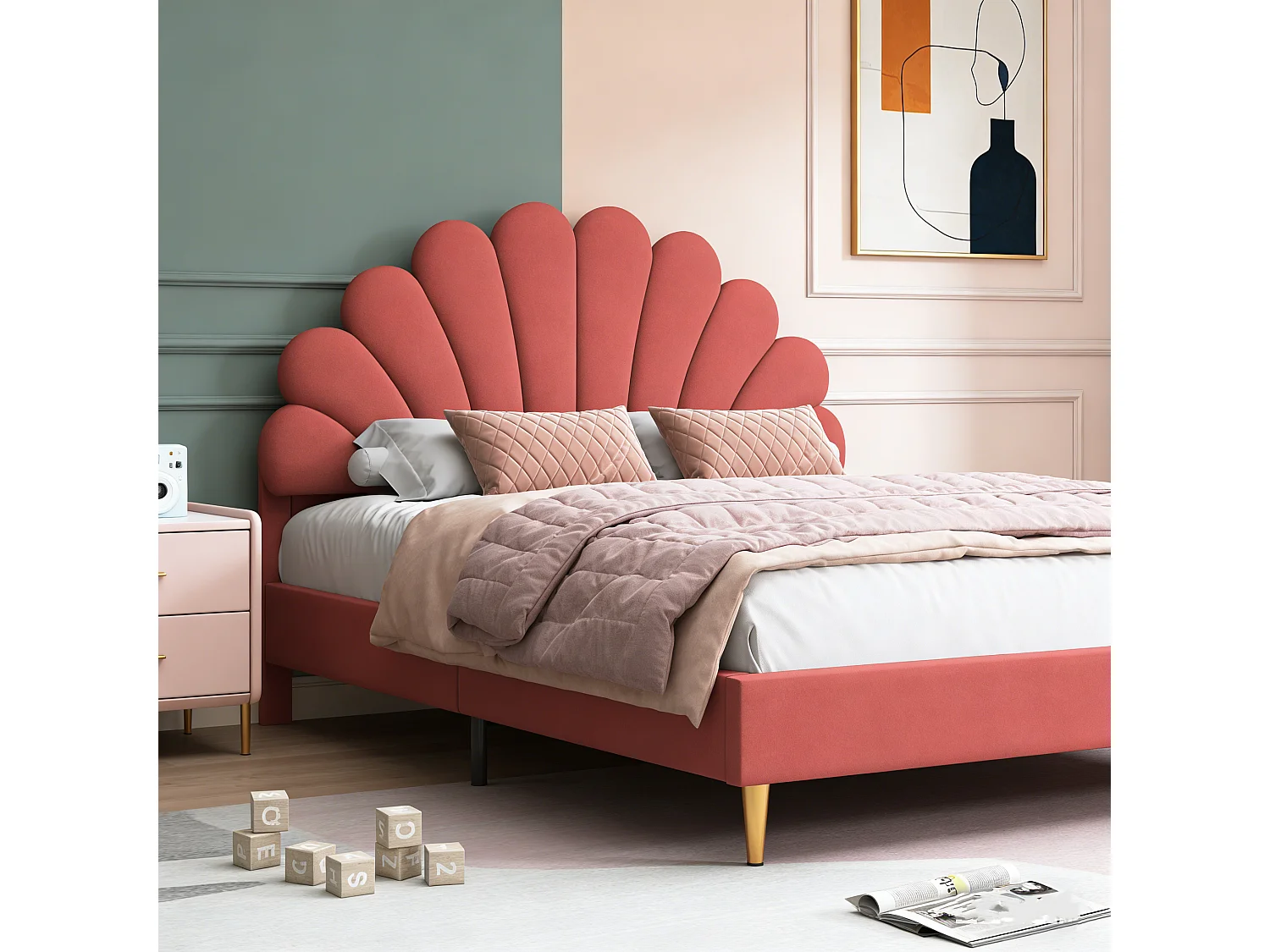 Cama de casal 140x200 cm com cabeceira em forma de flor, estrutura robusta com estrado de ripas, cor bordeaux