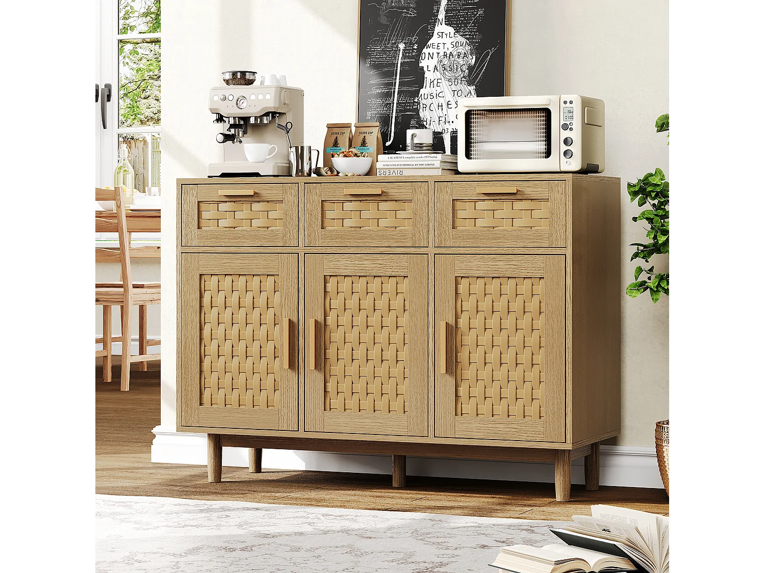 Dressoir met 3 lades en 3 deuren - Hout - 107,9 x 40 x 80 cm - Ideaal voor keuken en woonkamer - Eikenhout