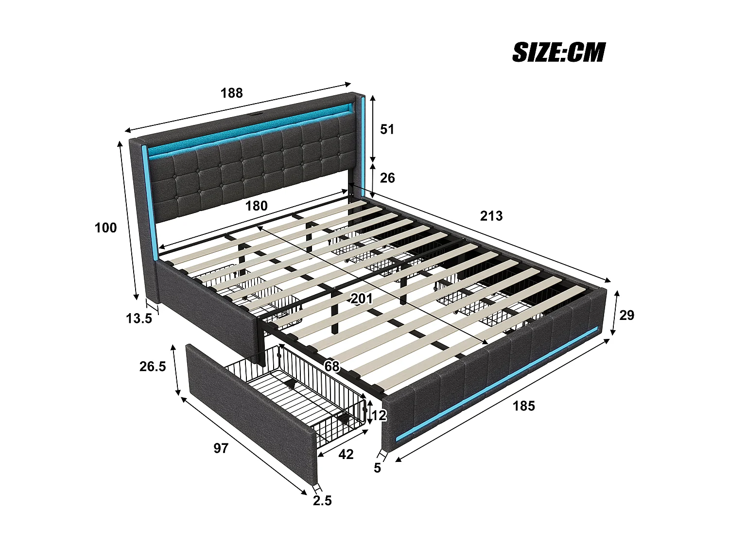 Tweepersoonsbed 180 x 200 cm – met ledverlichting en USB-oplaadpoort – 4 lades – beddengoed – grijs