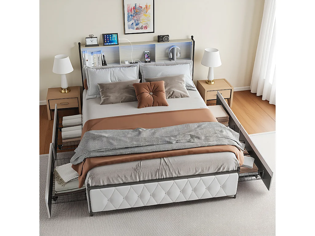 Cama de 140x200 con cabecero con almacenamiento, cama doble con puertos LED y USB, estructura de cama con 4 cajones, base de láminas, beige