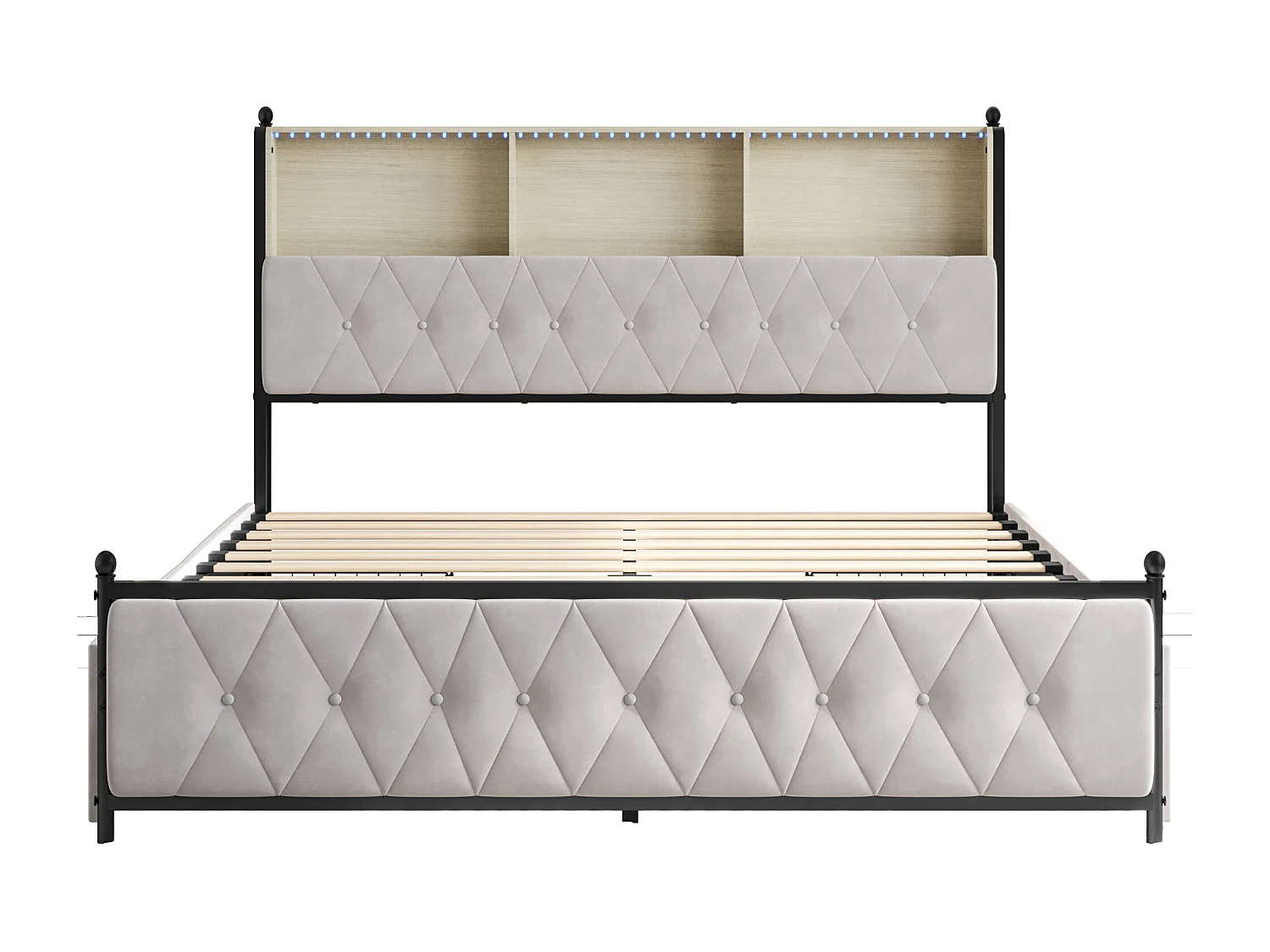 Cama de 140x200 con cabecero con almacenamiento, cama doble con puertos LED y USB, estructura de cama con 4 cajones, base de láminas, beige