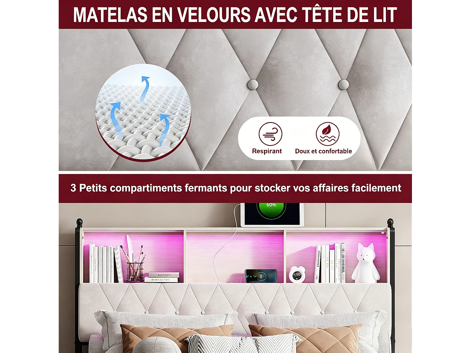 Cama de 140x200 con cabecero con almacenamiento, cama doble con puertos LED y USB, estructura de cama con 4 cajones, base de láminas, beige