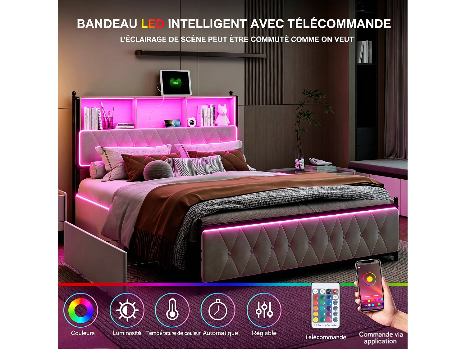 Cama de 140x200 con cabecero con almacenamiento, cama doble con puertos LED y USB, estructura de cama con 4 cajones, base de láminas, beige
