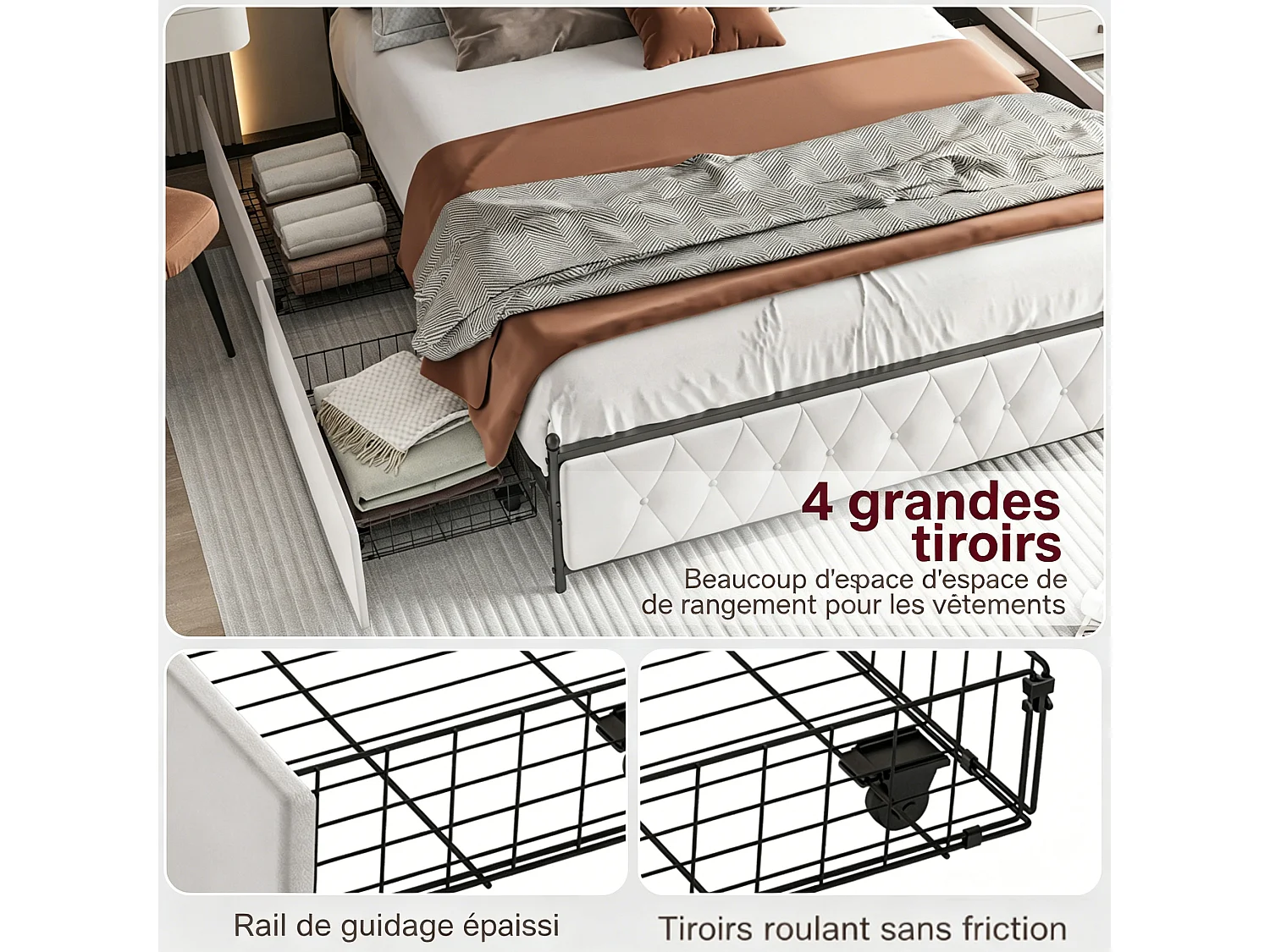 Cama de 140x200 con cabecero con almacenamiento, cama doble con puertos LED y USB, estructura de cama con 4 cajones, base de láminas, beige