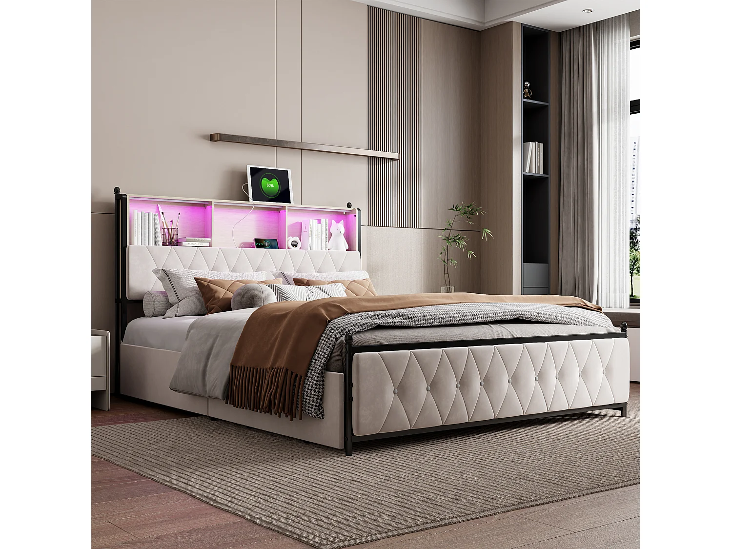 Cama de 140x200 con cabecero con almacenamiento, cama doble con puertos LED y USB, estructura de cama con 4 cajones, base de láminas, beige