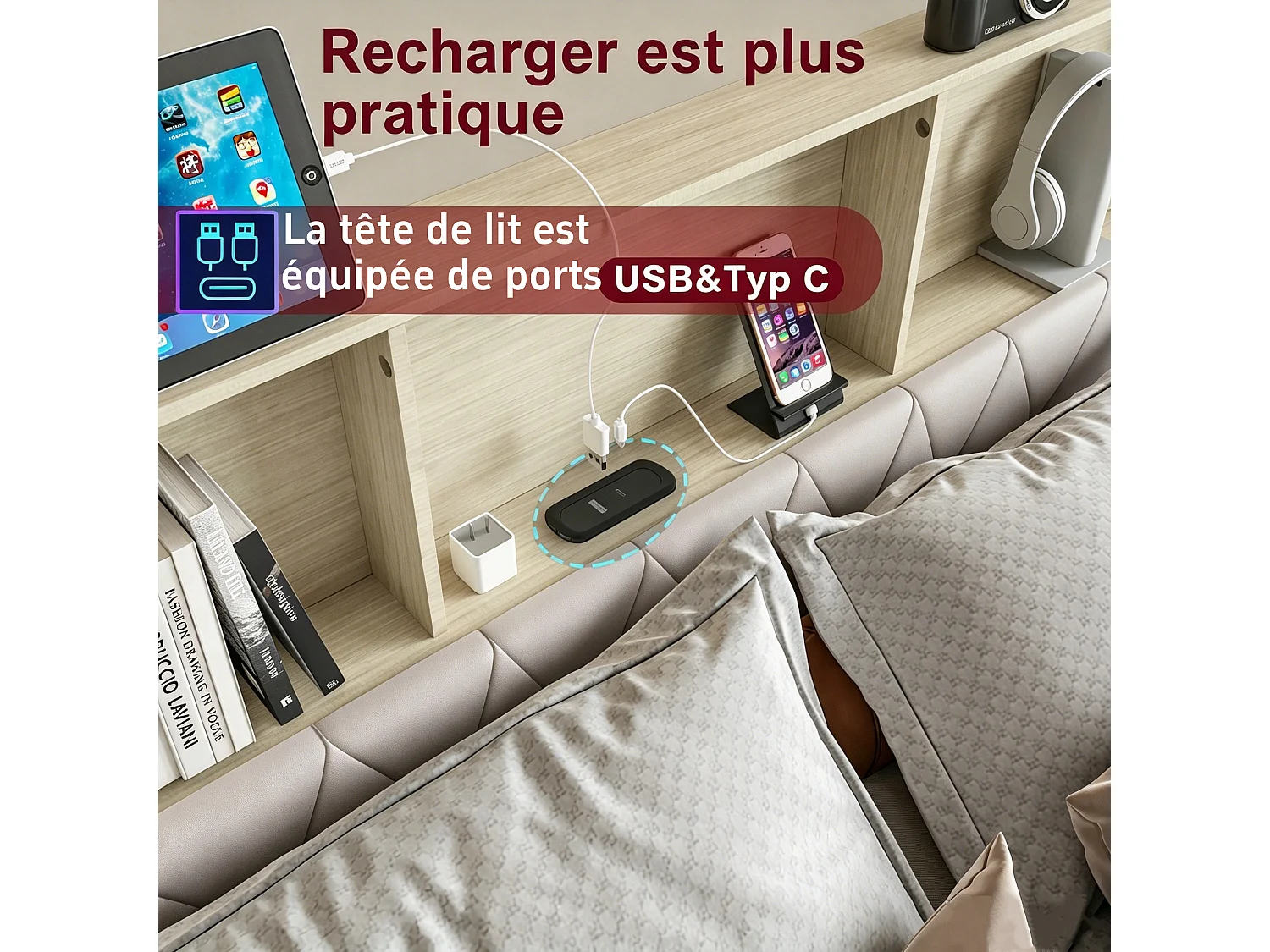 Cama de 140x200 con cabecero con almacenamiento, cama doble con puertos LED y USB, estructura de cama con 4 cajones, base de láminas, beige