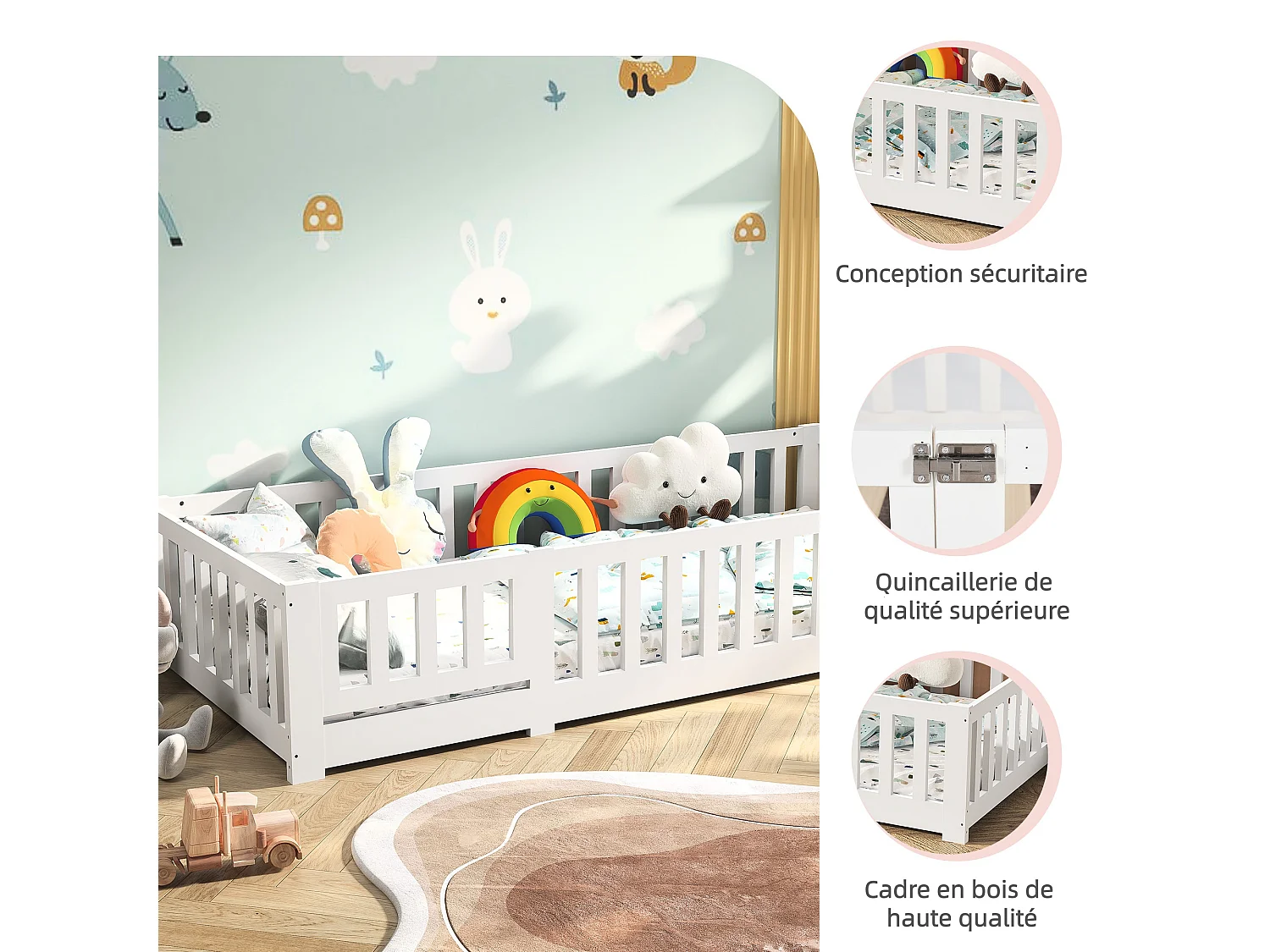Cuna de 120x200cm con barandilla de seguridad y somier de láminas, estructura de cama individual para niños y niñas, bebés y niños pequeños