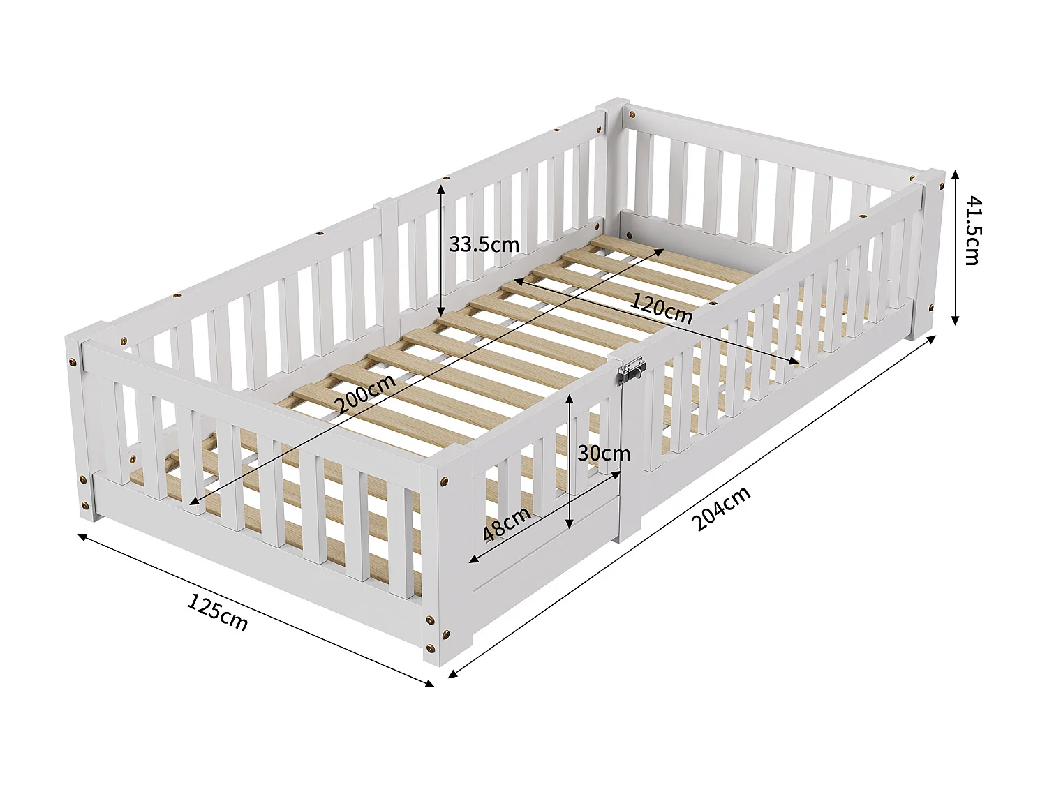 Cuna de 120x200cm con barandilla de seguridad y somier de láminas, estructura de cama individual para niños y niñas, bebés y niños pequeños