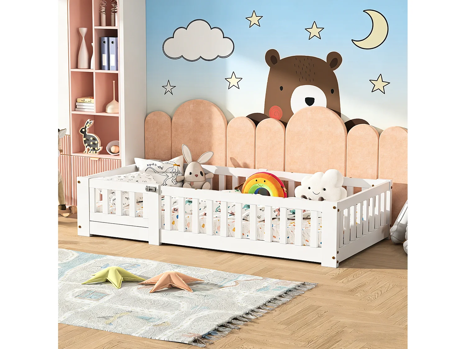 Cuna de 120x200cm con barandilla de seguridad y somier de láminas, estructura de cama individual para niños y niñas, bebés y niños pequeños