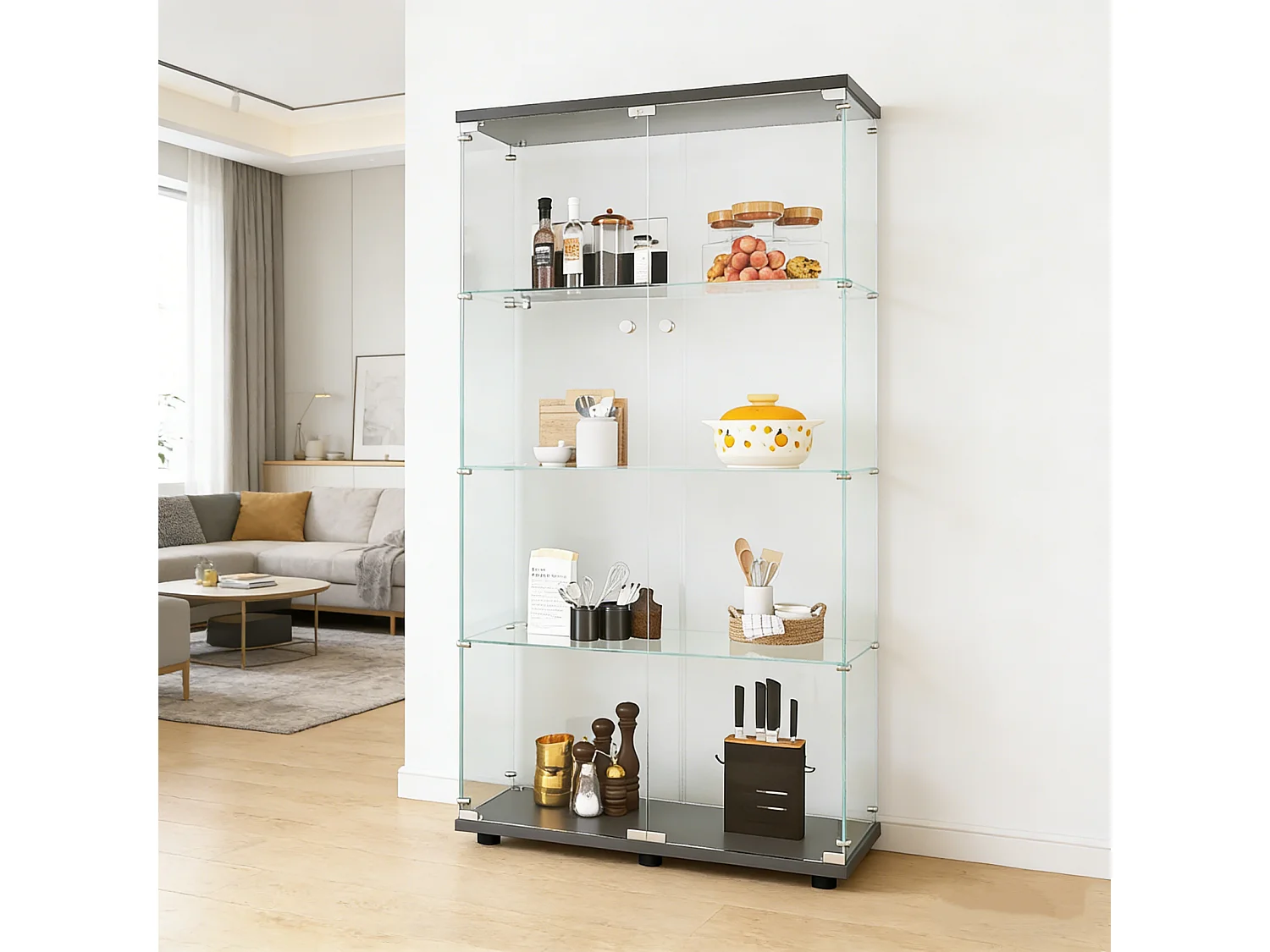 Vitrine en Verre pour Collection, Armoire de Collection Moderne à 4 Couches avec 2 Portes, Meuble Vitrine Verre avec LED, 80.5x36.3x164.3cm, Noir