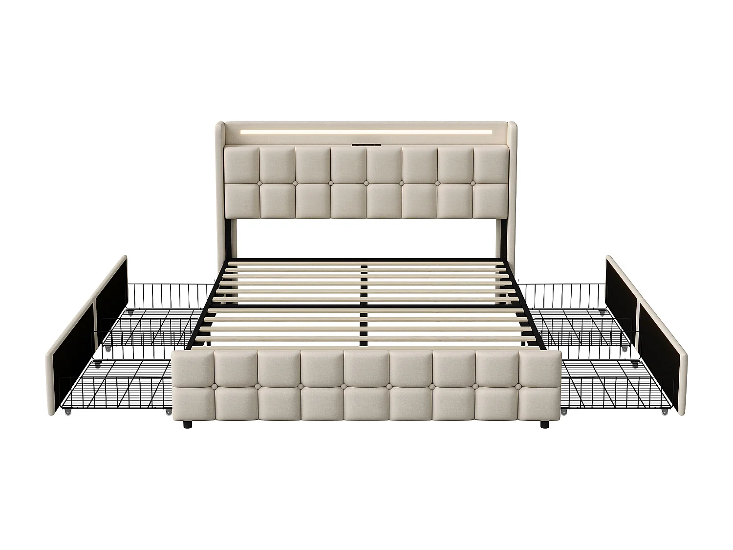 Tweepersoonsbed 180x200cm met 4 lades, bedframe met USB-poorten en ledverlichting, lattenbodem, linnen, beige