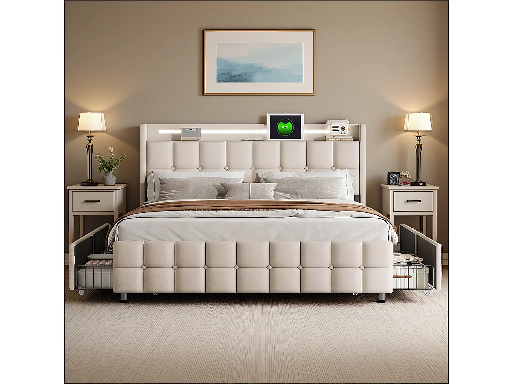 Tweepersoonsbed 180x200cm met 4 lades, bedframe met USB-poorten en ledverlichting, lattenbodem, linnen, beige