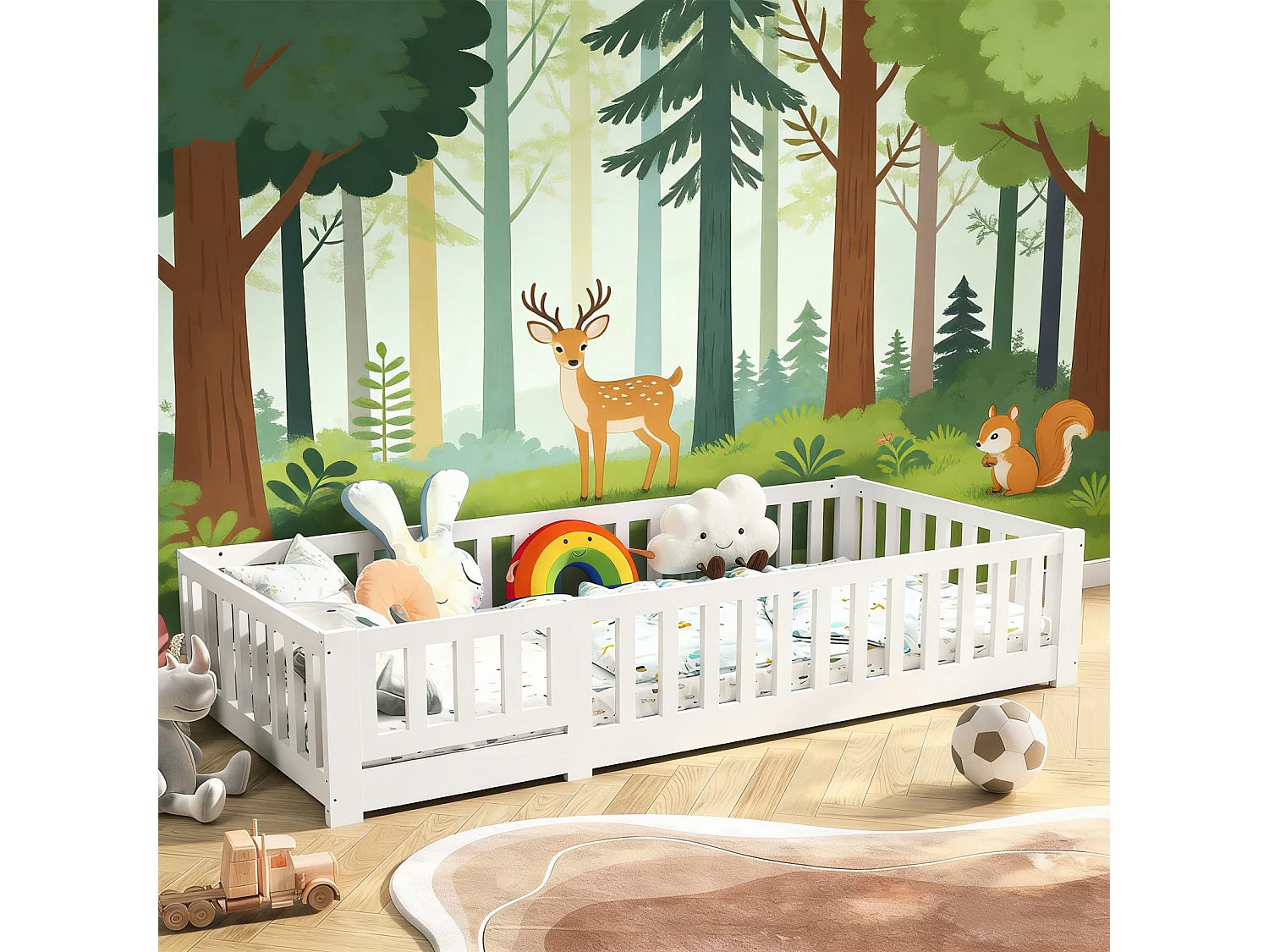 Lit Enfant 90x200 cm, Lit au Sol Montessori avec Barrière de Sécurité et Sommier à Lattes – Bois Massif de Pin – Idéal pour Chambre Garçon et Fille – Blanc