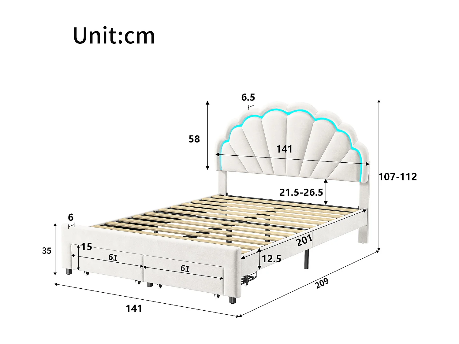 Tweepersoonsbed 140x200 met opberglade, bed met ledverlichting, in hoogte verstelbaar bloemvormig hoofdbord, fluweel