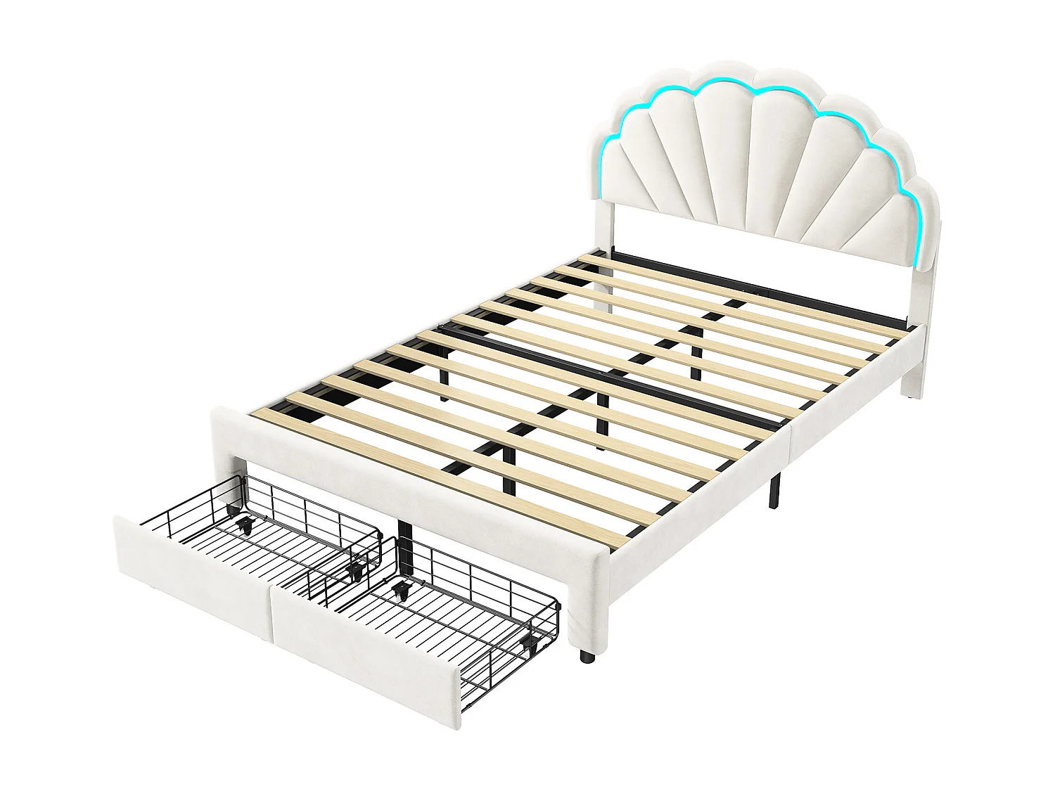 Tweepersoonsbed 140x200 met opberglade, bed met ledverlichting, in hoogte verstelbaar bloemvormig hoofdbord, fluweel