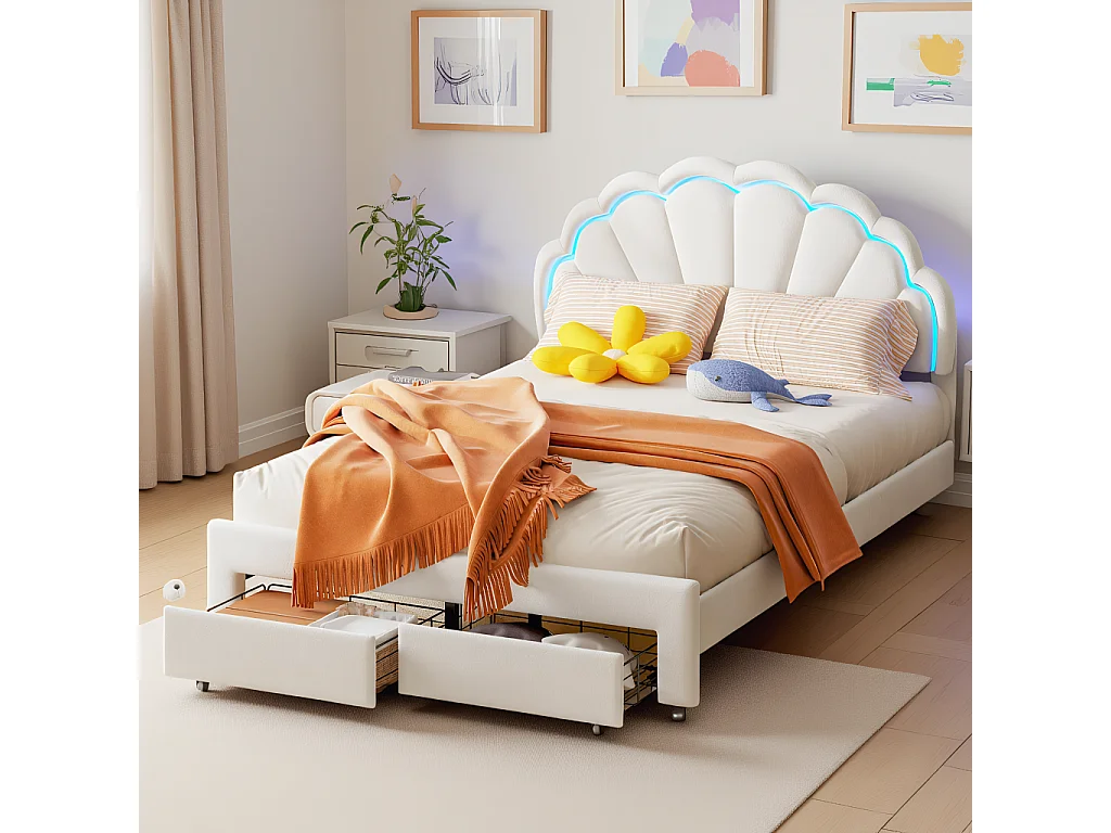 Tweepersoonsbed 140x200 met opberglade, bed met ledverlichting, in hoogte verstelbaar bloemvormig hoofdbord, fluweel