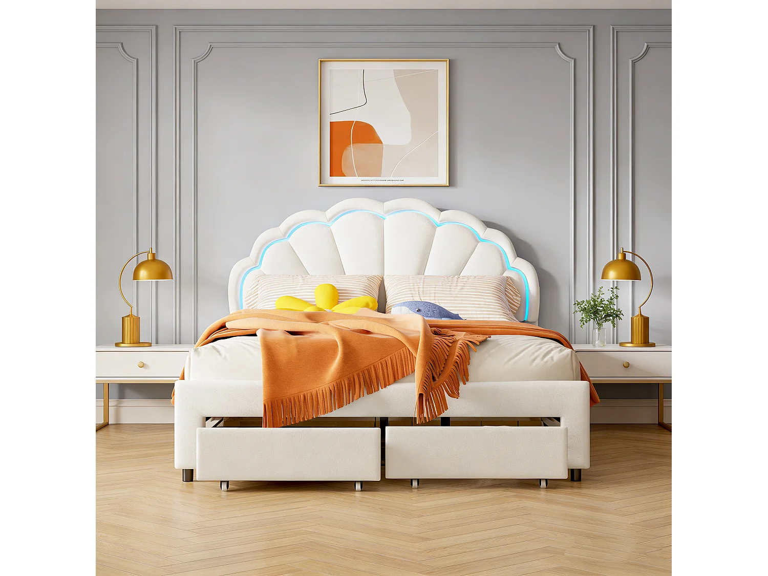 Tweepersoonsbed 140x200 met opberglade, bed met ledverlichting, in hoogte verstelbaar bloemvormig hoofdbord, fluweel