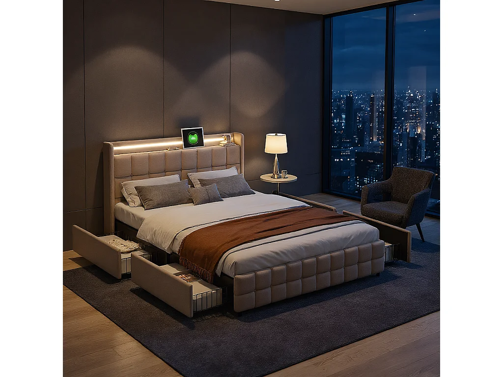 Lit rembourré 160x200 avec éclairage LED et port USB, 4 tiroirs, tête de lit en lin, sommier à lattes, beige – lit coffre, cadre de lit 160x200