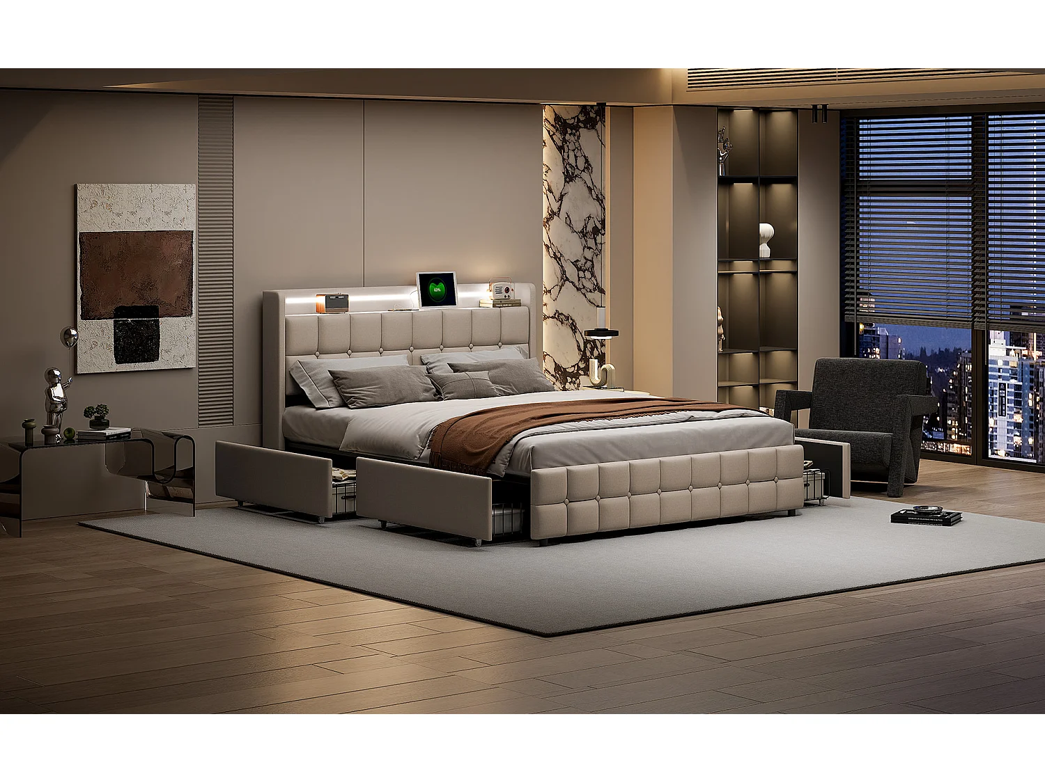 Lit double 160x200cm avec 4 tiroirs,Structure de lit avec avec Ports USB et éclairage LED,Sommier à lattes,Lin,Beige