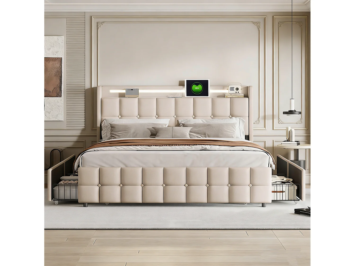 Lit double 160x200cm avec 4 tiroirs,Structure de lit avec avec Ports USB et éclairage LED,Sommier à lattes,Lin,Beige