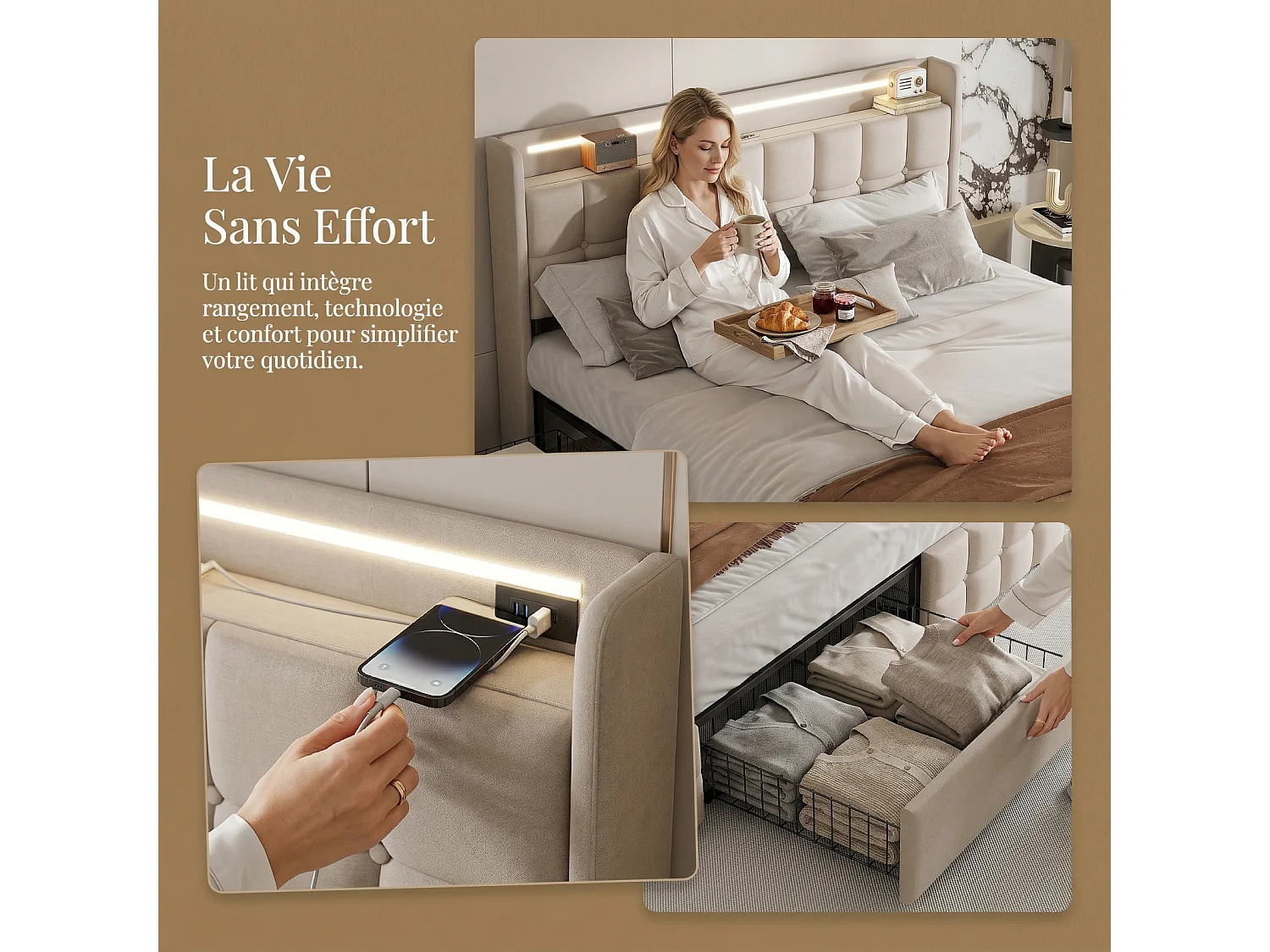 Lit double 160x200cm avec 4 tiroirs,Structure de lit avec avec Ports USB et éclairage LED,Sommier à lattes,Lin,Beige