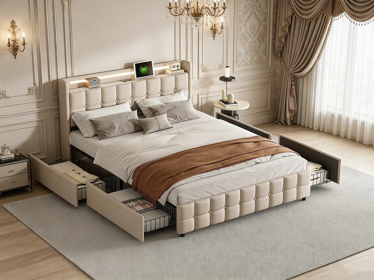 Lit double 160x200cm avec 4 tiroirs,Structure de lit avec avec Ports USB et éclairage LED,Sommier à lattes,Lin,Beige