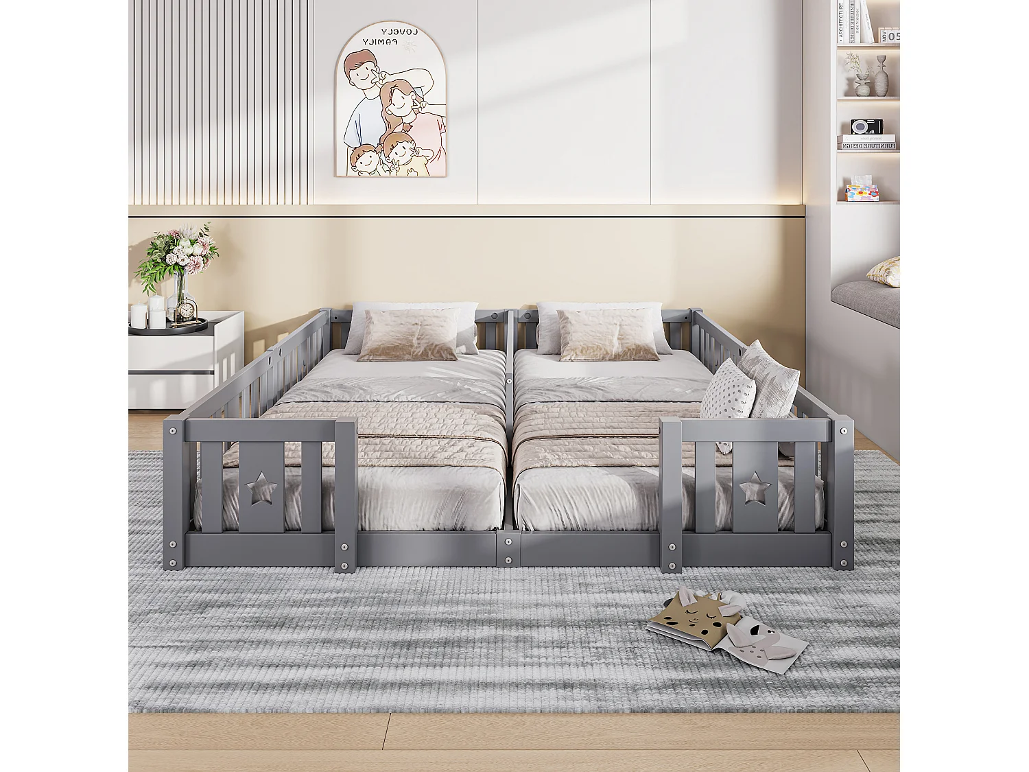 Lit bébé 180 x 200 cm avec protection anti-chute, pour 2 enfants, en bois massif, Gris, sans sommier à lattes