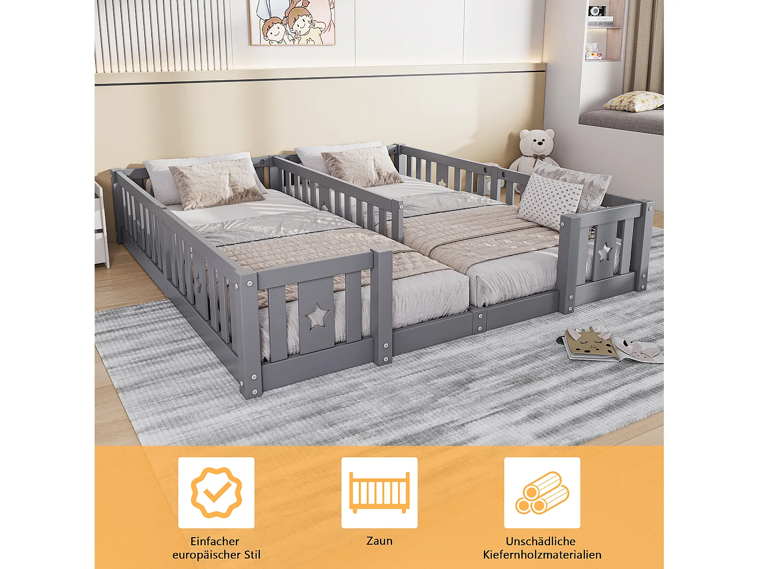 Lit bébé 180 x 200 cm avec protection anti-chute, pour 2 enfants, en bois massif, Gris, sans sommier à lattes