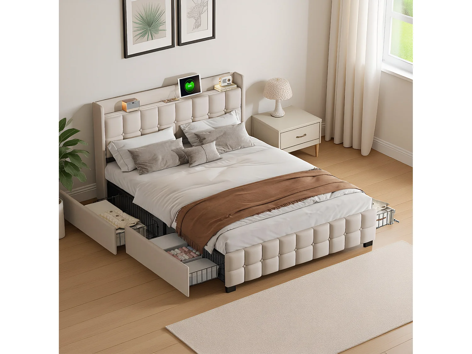 Lit rembourré 140x200 avec éclairage LED et port USB, 4 tiroirs, tête de lit en lin, sommier à lattes, beige – lit coffre, cadre de lit 140x200