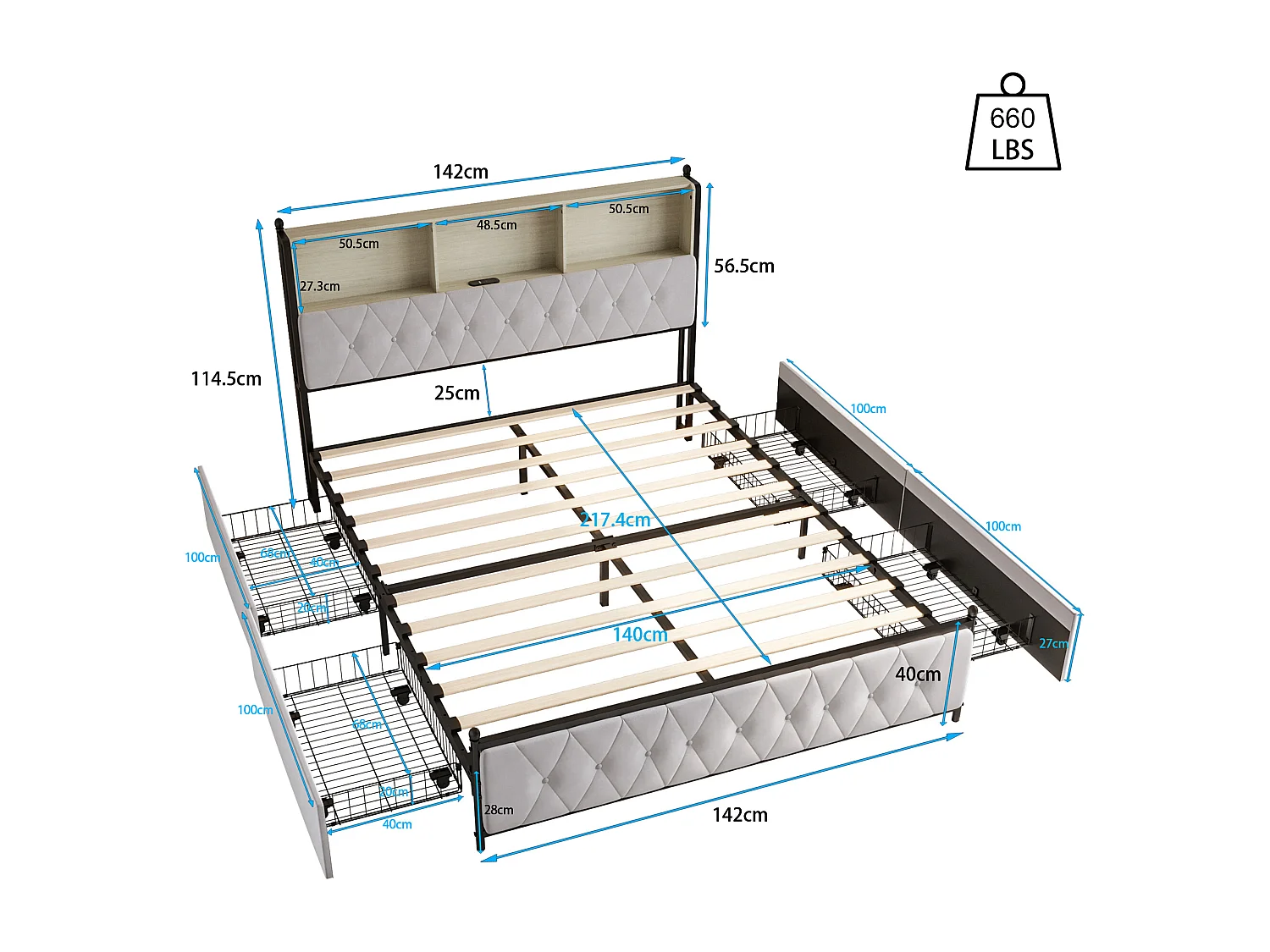 Bed 180x200 met opbergruimte in het hoofdeinde, tweepersoonsbed met led- en usb-poorten, bedframe met 4 lades, bed met lattenbodem, beige