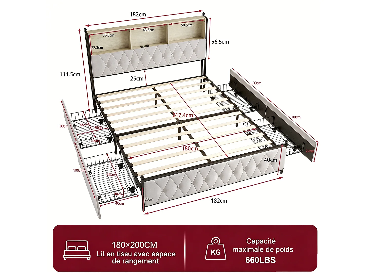Cama de 180x200 con cabecero con almacenamiento, cama doble con LED y puertos USB, estructura de cama con 4 cajones, base de láminas, beige
