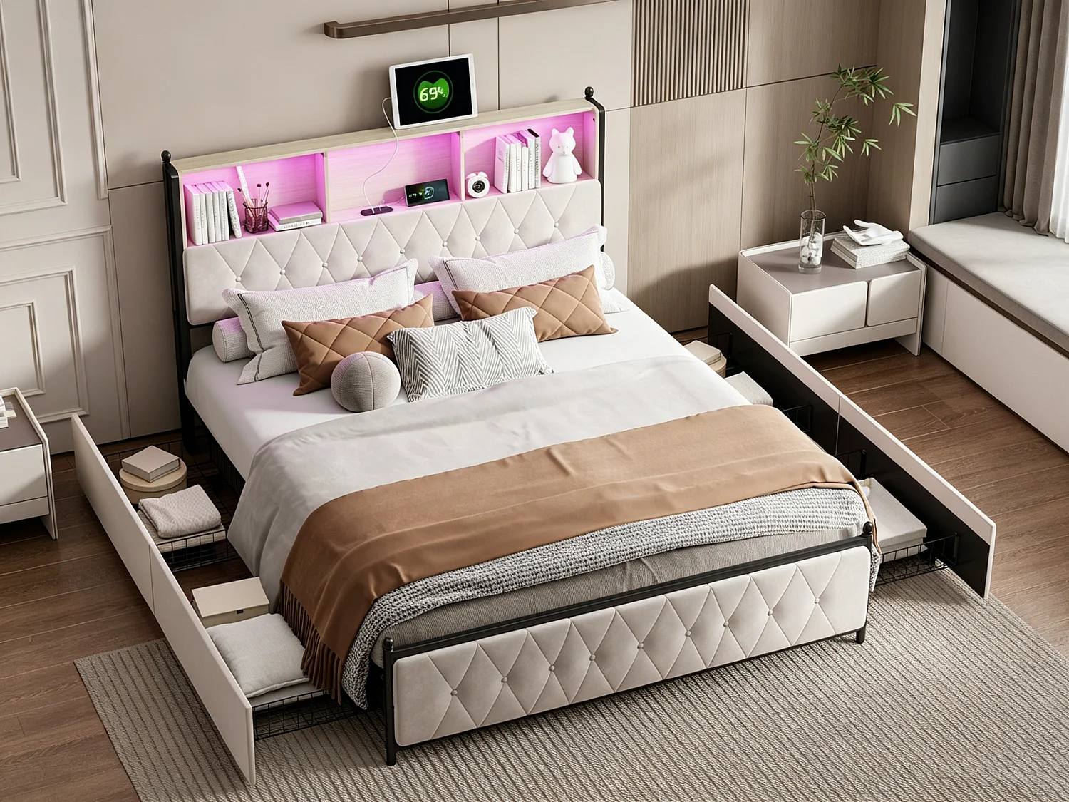 Cama de 180x200 con cabecero con almacenamiento, cama doble con LED y puertos USB, estructura de cama con 4 cajones, base de láminas, beige