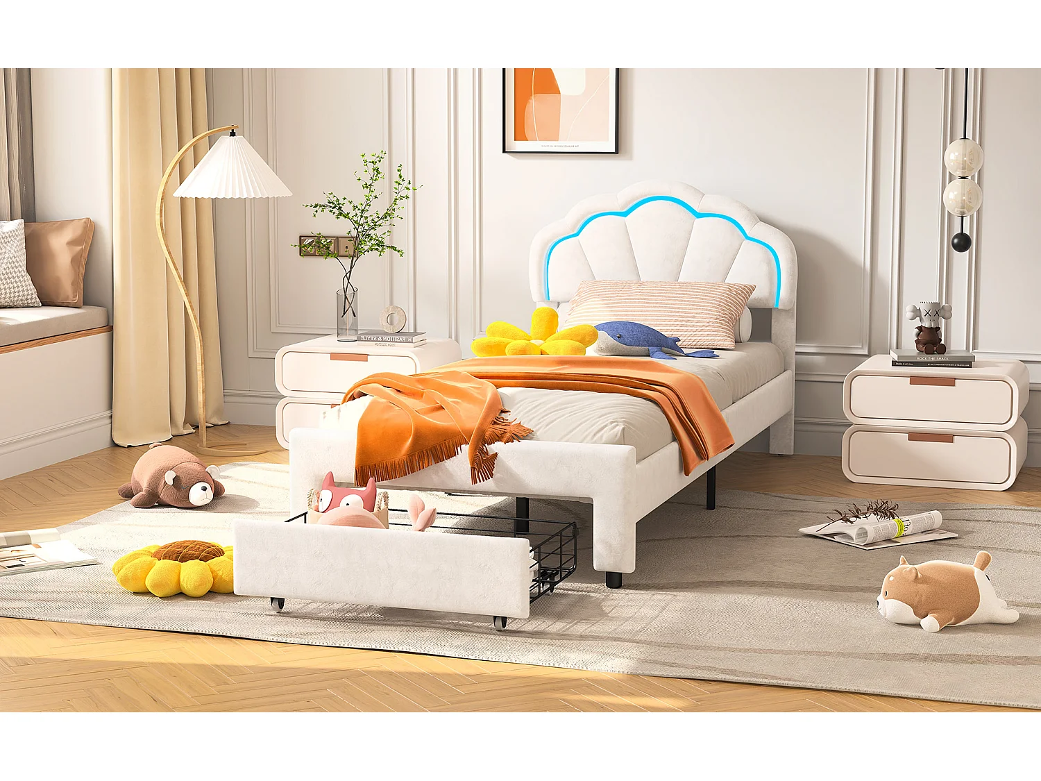 Kinderbed 90x200 cm met opberglade, gestoffeerd meisjesbed met ledverlichting, in hoogte verstelbaar bloemvormig hoofdeinde, fluweel