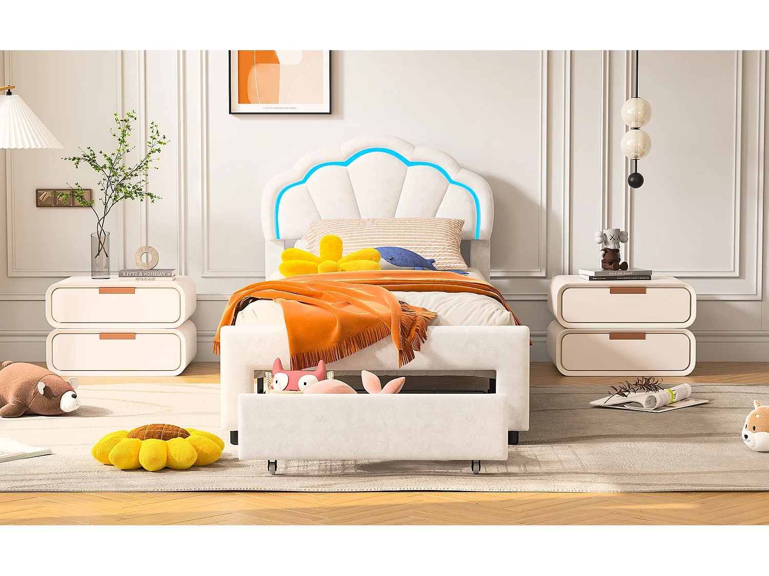 Kinderbed 90x200 cm met opberglade, gestoffeerd meisjesbed met ledverlichting, in hoogte verstelbaar bloemvormig hoofdeinde, fluweel